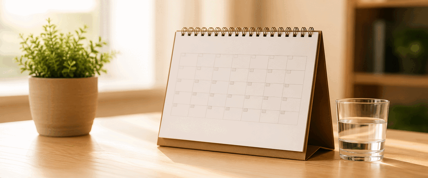 Calendário e copo de água num escritório