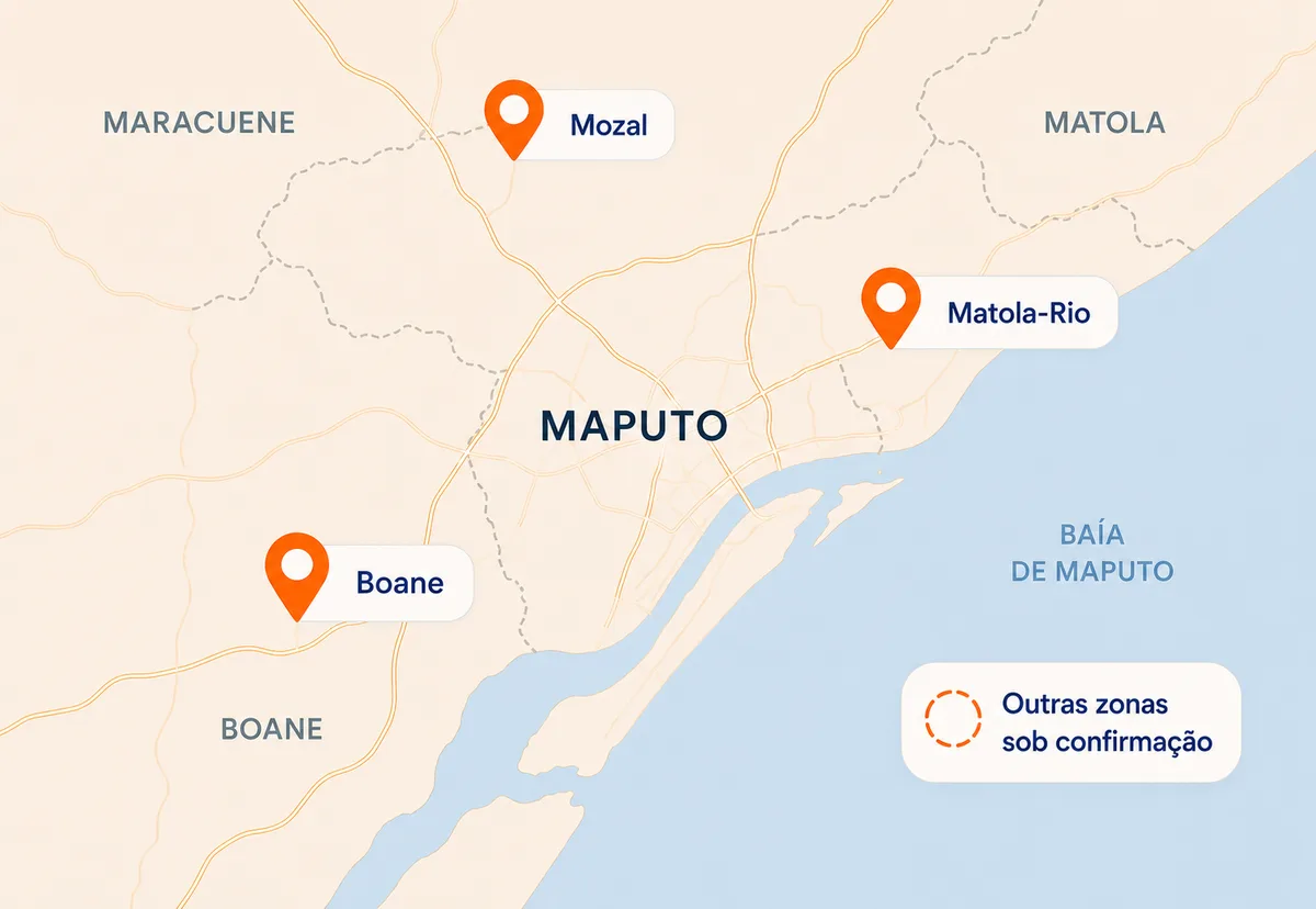 Mapa com zonas de cobertura: Mozal, Matola-Rio e Boane